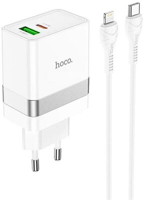 HOCO N21 hálózati töltő USB / Type-C aljzat (30W, PD gyorstöltés támogatás, QC.3.0 + lightning 8pin kábel) FEHÉR