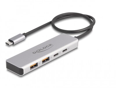 Delock USB 10 Gbps USB Type-C hub 2 x A-típusú USB csatlakozóval és 2 x USB Type-C csatlakozóval, valamint egy 35 cm hosszú csatlakozó kábellel