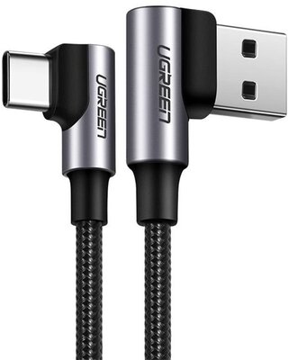 UGREEN adatkábel és töltő (USB - Type-C, 3A, gyorstöltés támogatás, 500cm, 90 fokos, cipőfűző minta) FEKETE