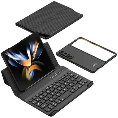 Tok álló, bőr hatású (FLIP, bluetooth billentyűzet, asztali tartó, QWERTY, angol nyelvű + képernyővédő üveg) FEKETE - Samsung Galaxy Z Fold4 5G (SM-F936)