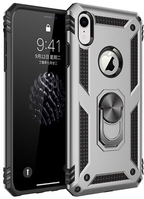 Defender műanyag telefonvédő (közepesen ütésálló, szilikon belső, telefontartó gyűrű, fémlemez, logó kivágás) EZÜST - Apple iPhone XR 6.1