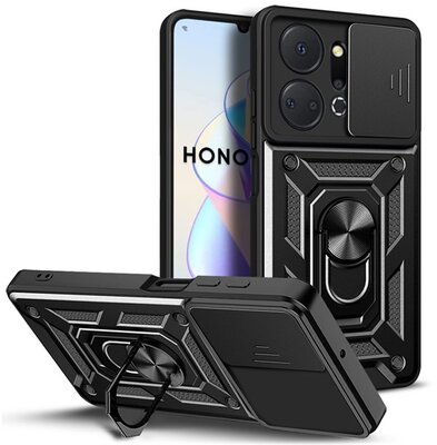 Defender műanyag telefonvédő (közepesen ütésálló, szilikon belső, telefontartó gyűrű, kamera védelem) FEKETE - Honor X7a