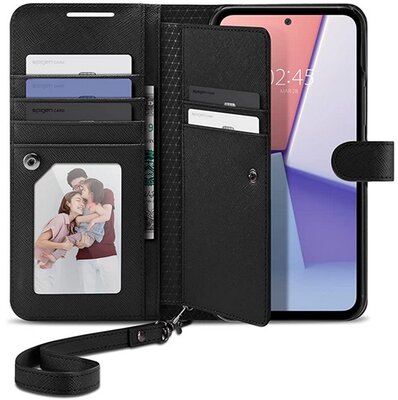 SPIGEN WALLET S PLUS tok álló, bőr hatású (FLIP, oldalra nyíló, textil minta) FEKETE - Samsung Galaxy A54 5G (SM-A546)