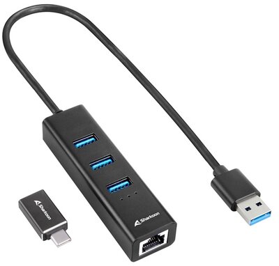 Sharkoon USB Hub - Aluminium Hub Type-C adapter + RJ45 (3port; USB3.2 Gen 1; Fekete)