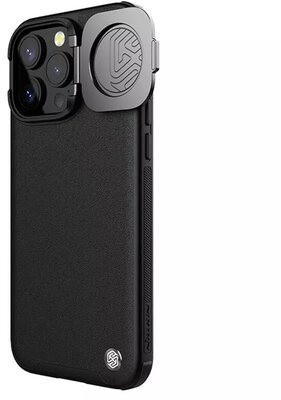 NILLKIN CAMSHIELD PROP LEATHER műanyag telefonvédő (ütésállóság, bőr hatású hátlap, kameravédő, kitámasztó) FEKETE Apple iPhone 15 Pro
