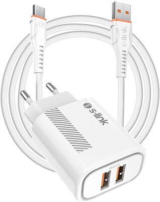 S-Link Hálózati töltő - SL-EC50 (2xUSB, 5V/2.4A, 12W, Gyorstöltés, Micro-USB 100cm adat+töltőkábel, fehér)