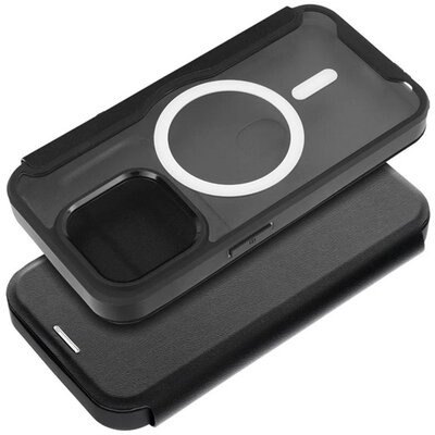 Tok álló, bőr hatású (FLIP, oldalra nyíló, kártyazseb, kameravédő, mágneses, átlátszó matt hátlap, MagSafe) FEKETE Apple iPhone 15