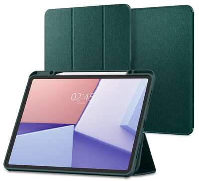 SPIGEN URBAN FIT tok álló (FLIP, oldalra nyíló, TRIFOLD, asztali tartó, ceruza tartó, textil minta) SÖTÉTZÖLD - Apple IPAD Air 13 (2024)