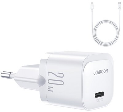 JOYROOM MINI hálózati töltő Type-C aljzat (20W, PD gyorstöltő + Type-C kábel) FEHÉR