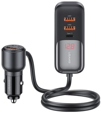 USAMS C40 autós töltő 3 USB+2 Type-C aljzat (165W, PD gyorstöltő, LED kijelző + 1.5m hosszabbító) FEKETE