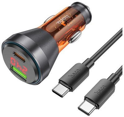 HOCO autós töltő USB+Type-C aljzat (48W, PD gyorstöltő, LED kijelző + Type-C kábel) NARANCSSÁRGA