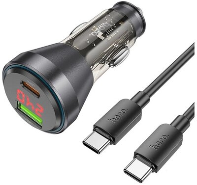 HOCO autós töltő USB+Type-C aljzat (48W, PD gyorstöltő, LED kijelző + Type-C kábel) FEKETE