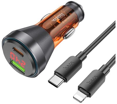 HOCO autós töltő USB+Type-C aljzat (48W, PD gyorstöltő, LED kijelző + lightning kábel) NARANCSSÁRGA