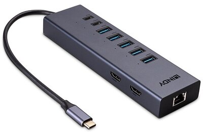 LINDY Multiport adapter, DST-Mini Duo, USB-C, 2x HDMI,8K@60Hz és 4K@12Hz, PD 3.0 100W, USB 3.2 Gen 2, Gigabit Ethernet