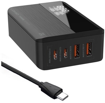 LDNIO hálózati töltő 2 USB+2 Type-C aljzat (100W, GaN, PD gyorstöltő + 150cm tápkábel) FEKETE