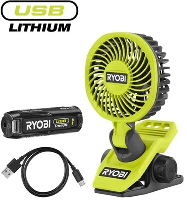 Ryobi 4V USB Lithium csíptethető ventilátor, 1x 2,0 Ah akkumulátor, töltő - RCF-120G