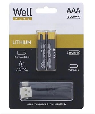 WELL akku elem, USB-C kábellel újratölthető, micro ceruza (AAA) 400mAh, 2db/Cs