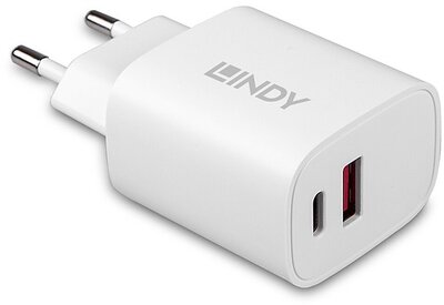 LINDY Fali töltő, 1x USB-A, 1x USB-C, 20W, fehér