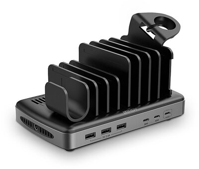 LINDY 3x USB-A, 3x USB-C töltő/töltőállomás mobiltelefonokhoz, tabletekhez, okos órához 160W, 6 port