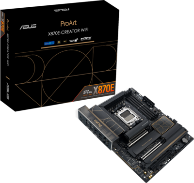 ASUS PROART X870E-CREATOR WIFI AM5 ATX professional MB - AMD X870E 4xDIMM DDR5 4xM.2 4xSATA PCIe 5.0 10Gb + 2.5Gb Ethernet WiFi 7 + Bluetooth 1xHDMI 2xUSB4 40Gbps ports (USB Type-C) with Aura Sync