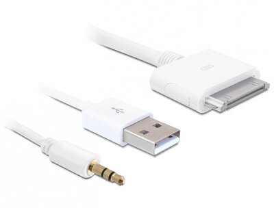 Delock 83142 iPhone-hoz / iPod-hoz > USB 2.0 + Audio 3.5mm, RCA (Cinch) kábel - 1m - Fehér