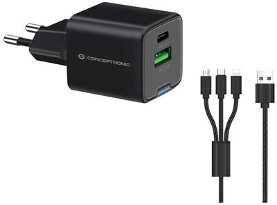 Conceptronic telefon töltő adapter+kábel - ALTHEA16B (USB-C+USB-A, 33W, 3in1 töltő kábel, fekete)