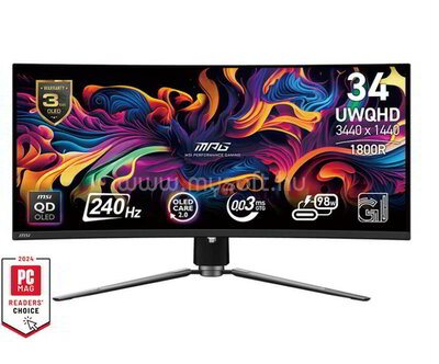 MSI Monitor GAMING MPG 341CQPX QD-OLED Ívelt 34" UWQHD 3440x1440 21:9, 240Hz, 1500000:1, 0,03ms, 2x HDMI, DP, USB-C