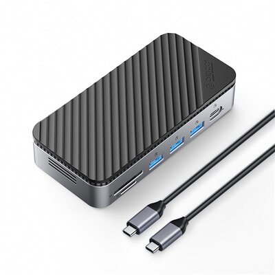 Orico Notebook Dokkoló - M2P11-BK (Bemenet: USB-C, Kimenet: HDMI/DP/USB-A+C/RJ45/M.2/PD100W, sötétszürke)