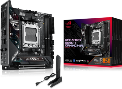 Asus ROG STRIX B850-I GAMING WIFI asus alaplap - amd rog strix b850-i gaming wifi am5 (b850, atx, 2xddr5 8400+mhz, 2xsata3, 2x m.2, hdmi+usb-c)