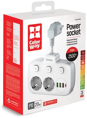 ColorWay CW-CHE24PDW colorway hálózati elosztó, cw-che24pdw, 2 dugalj, 3xusb-a, 1xusb-c 2m, fekete