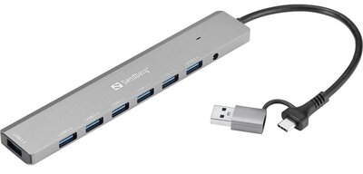 SANDBERG USB-C/A to 7 x USB 3.0 HUB, akár 7 USB-A satlakozási lehetőség, USB 3.0 SuperSpeed 5 Gbit/sec, 5 év garancia