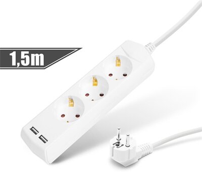 Delight hálózati elosztó 3 aljzat + 2xUSB 1.5m kapcsolós fehér (20201U)