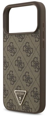 GUESS LEATHER 4G TRIANGLE STRASS MAGSAFE szilikon telefonvédő (bőr hatású hátlap, MagSafe) SÖTÉTBARNA Apple iPhone 17 Pro Max