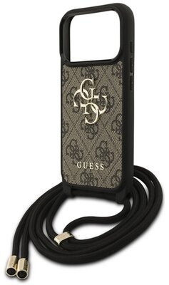 GUESS 4G BIG LOGO CORD STAP CROSSBODY műanyag telefonvédő (ütésállóság, bőr hatású hátlap + vállpánt) BARNA Apple iPhone 17 Pro
