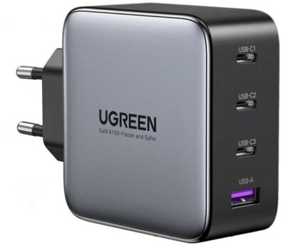 UGREEN hálózati töltő, 4 port, 3x USB-C, 1x USB-A, GaN, 100W, PD, szürke