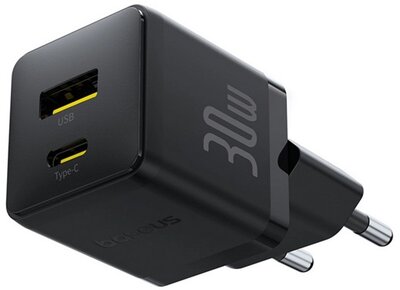 BASEUS PALM hálózati töltő USB+Type-C aljzat (30W, PD gyorstöltő 3.0) FEKETE