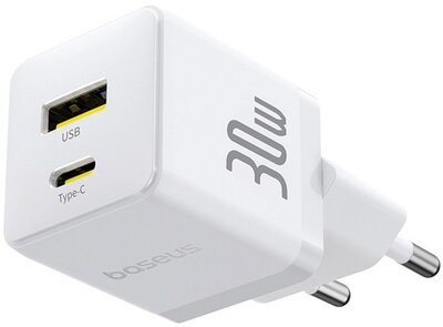 BASEUS PALM hálózati töltő USB+Type-C aljzat (30W, PD gyorstöltő 3.0) FEHÉR