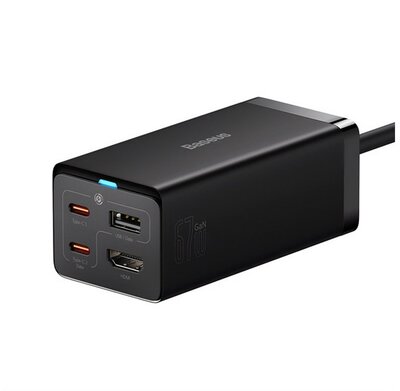 BASEUS hálózati elosztó USB+2 Type-C+HDMI aljzat (67W, GaN5, PD gyorstöltő + hálózati kábel) FEKETE