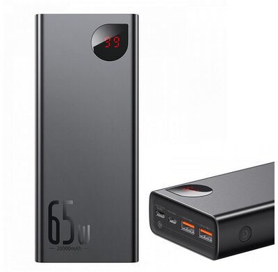 BASEUS ADAMAN vésztöltő 2 USB+Type-C aljzat (20000mAh, 65W, PD gyorstöltő 3.0, LED kijelző) FEKETE