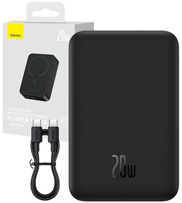 BASEUS MAGNETIC MINI vésztöltő Type-C aljzat (20000mAh, 20W, gyorstöltő, wireless, MagSafe + Type-C kábel) FEKETE