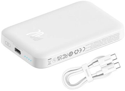 BASEUS MAGNETIC MINI vésztöltő Type-C aljzat (6000mAh, 20W, PD gyorstöltő, wireless, MagSafe + Type-C kábel) FEHÉR
