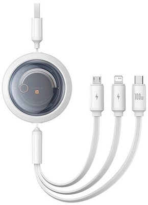 BASEUS FREE2DRAW adatkábel 3in1 (USB - Type-C/lightning/microUSB, 100W, gyorstöltő, 110cm, csévélhető) FEHÉR