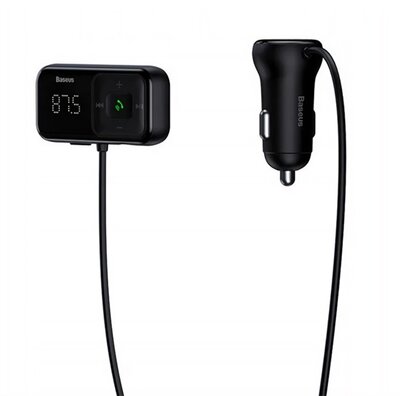 BASEUS bluetooth FM transmitter autós töltő 2 USB aljzat (16W, gyostöltő, microSD olvasó, AUX, spirálkábel) FEKETE