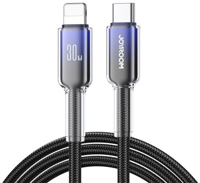 JOYROOM CRYSTAL-CLEAR adatkábel (Type-C - lightning, 3A, gyorstöltő, 120cm, cipőfűző) FEKETE