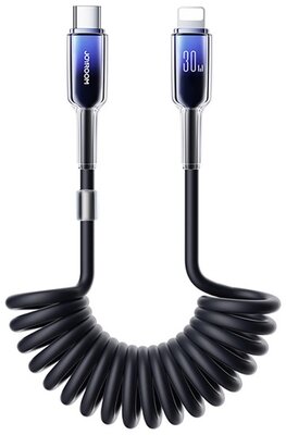 JOYROOM CRYSTAL CLEAR adatkábel (Type-C - lightning, 30W, 2A, PD gyorstöltő, 150cm, spirálkábel) FEKETE