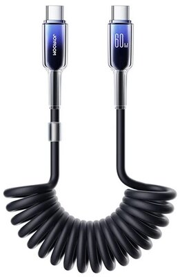 JOYROOM CRYSTAL-CLEAR adatkábel (Type-C - Type-C, 60W, 2A, PD gyorstöltő, 150cm, spirálkábel) FEKETE