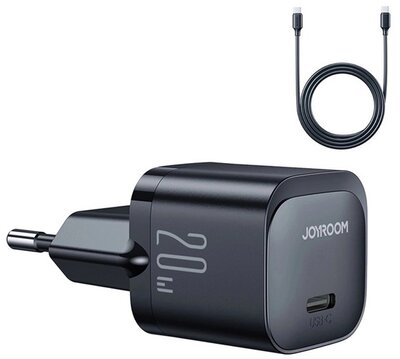 JOYROOM MINI hálózati töltő Type-C aljzat (20W, PD gyorstöltő + Type-C kábel) FEKETE