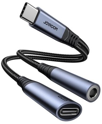 JOYROOM adapter kábel 2in1 (Type-C+3.5mm jack aljzat - Type-C, PD gyorstöltő, cipőfűző, DAC) FEKETE