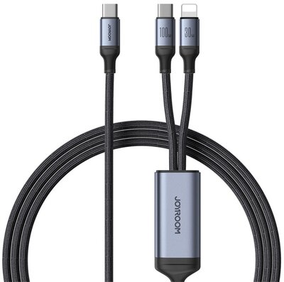JOYROOM adatkábel 2in1 (Type-C - Type-C/lightning, 100W, gyorstöltő, 150cm, cipőfűző) FEKETE