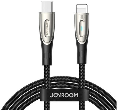 JOYROOM STAR-LIGHT adatkábel (Type-C - lightning, 30W, 120cm, gyorstöltő, LED jelzés) FEKETE